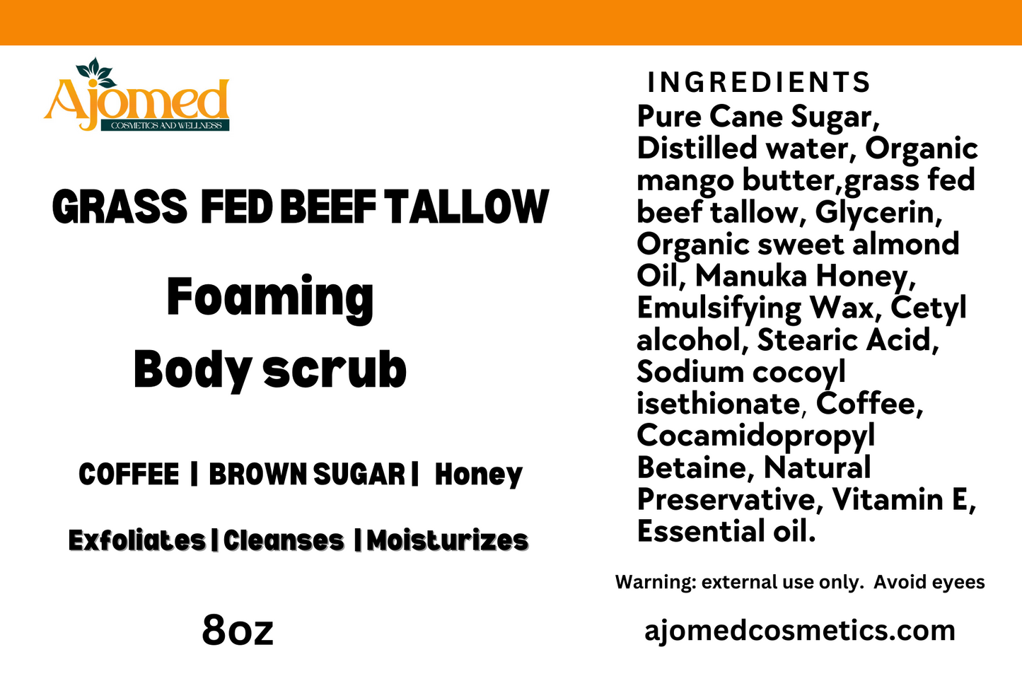 Grass fed beef tallow Sugar scrub with coffee. Whipped exfoliating Foaming Sugar coffee scrub. Body and face scrub. 8oz