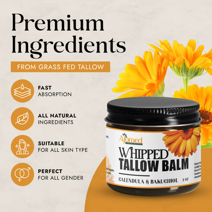 Whipped grass-fed beef tallow face moisturizer infused with Calendula & Bakuchiol